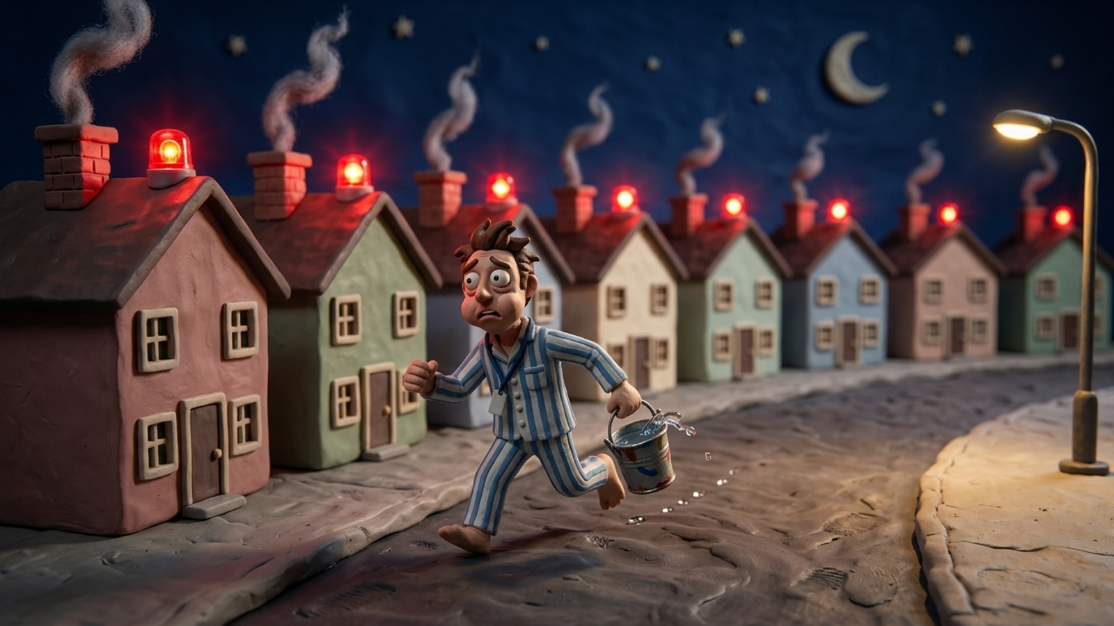 Clay figure in pajamas runs with one bucket between ten houses whose roof alarms all flash: alerts are automatic, but the fixing is still manual work.