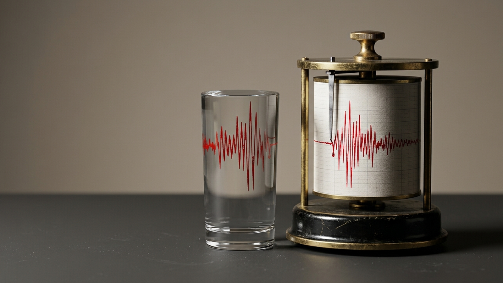 A seismograph scribbles a wild red earthquake line beside a brimming glass of perfectly still water: the instrument swings while nothing has moved.