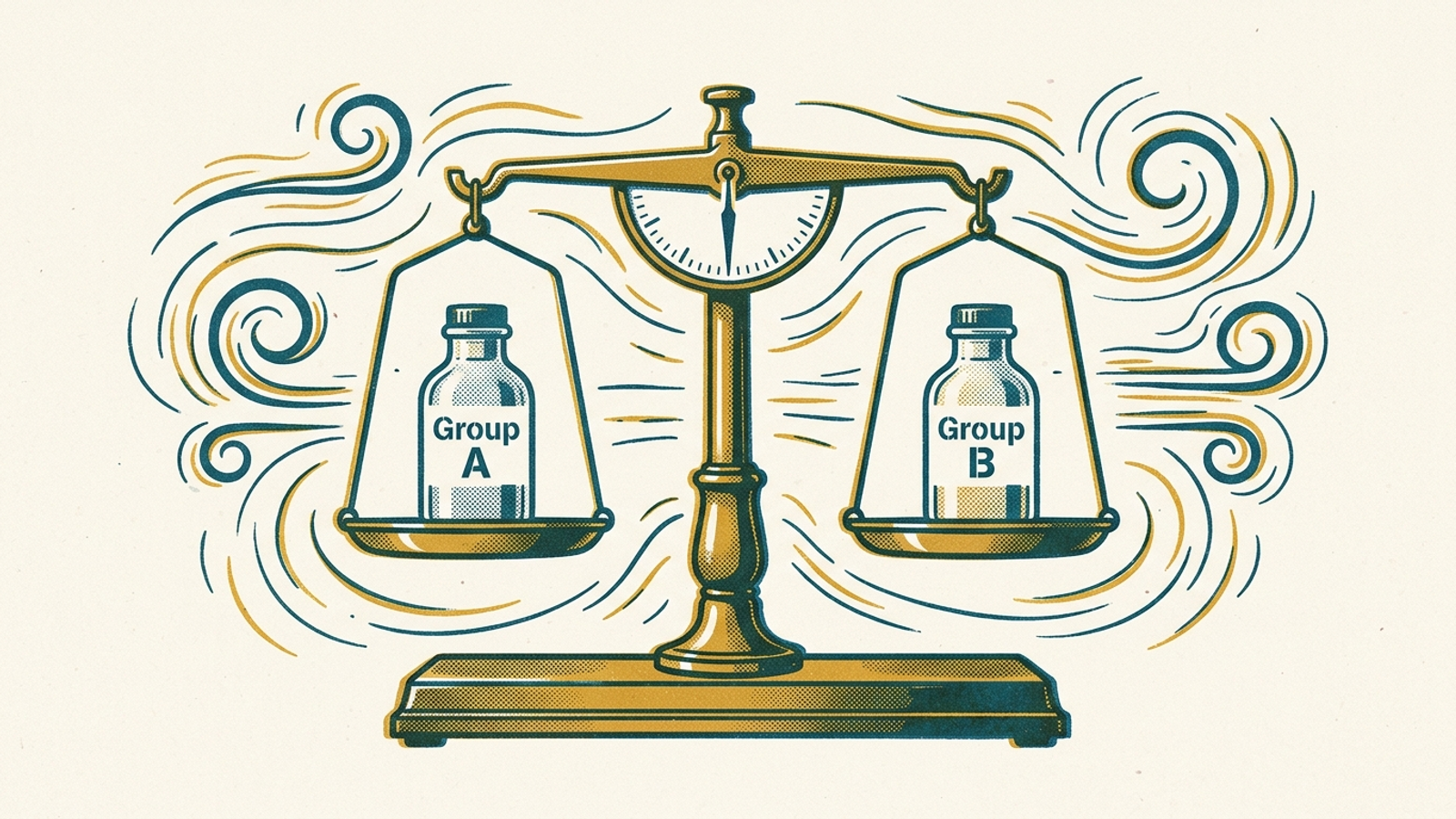 Two identical bottles labelled Group A and Group B sit on a laboratory balance as wind swirls around them.