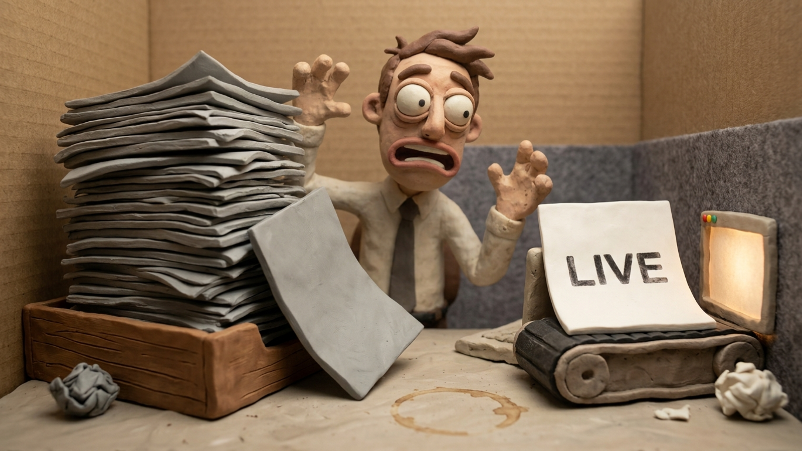 Clay inbox overflowing with draft documents while a tiny conveyor sends one finished page live