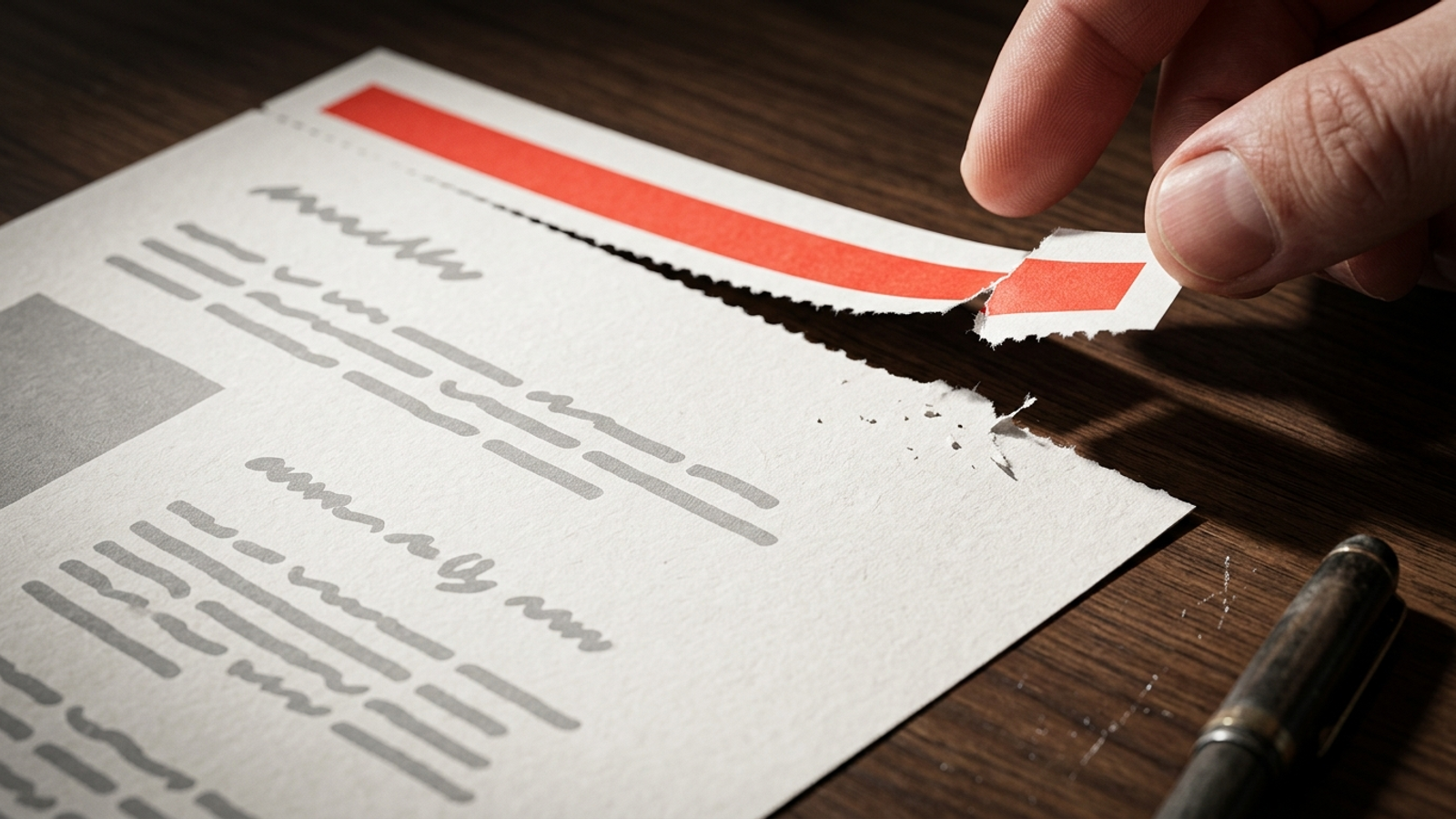 A hand tears a red perforated strip off the top line of a printed landing page, the one sentence made to be lifted while the grey paragraphs below stay behind.