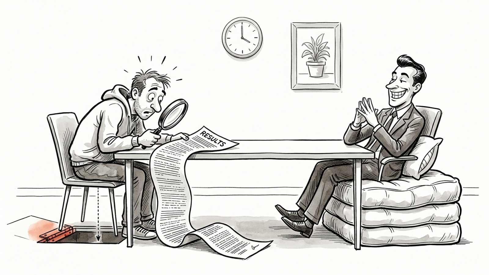 Cartoon of a founder reading a 'RESULTS' contract above a trapdoor under his chair, while the grinning agency rep sits on a thick safety mattress.