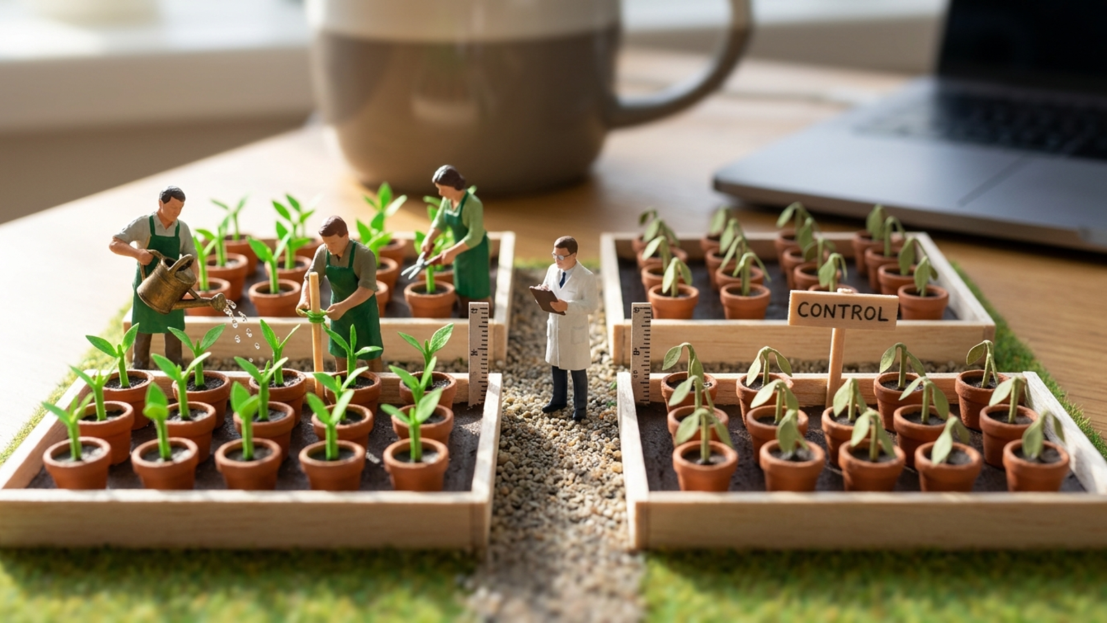 A tiny tabletop garden: gardeners tend one plot while an identical plot marked CONTROL is left alone, and a miniature scientist compares the two.