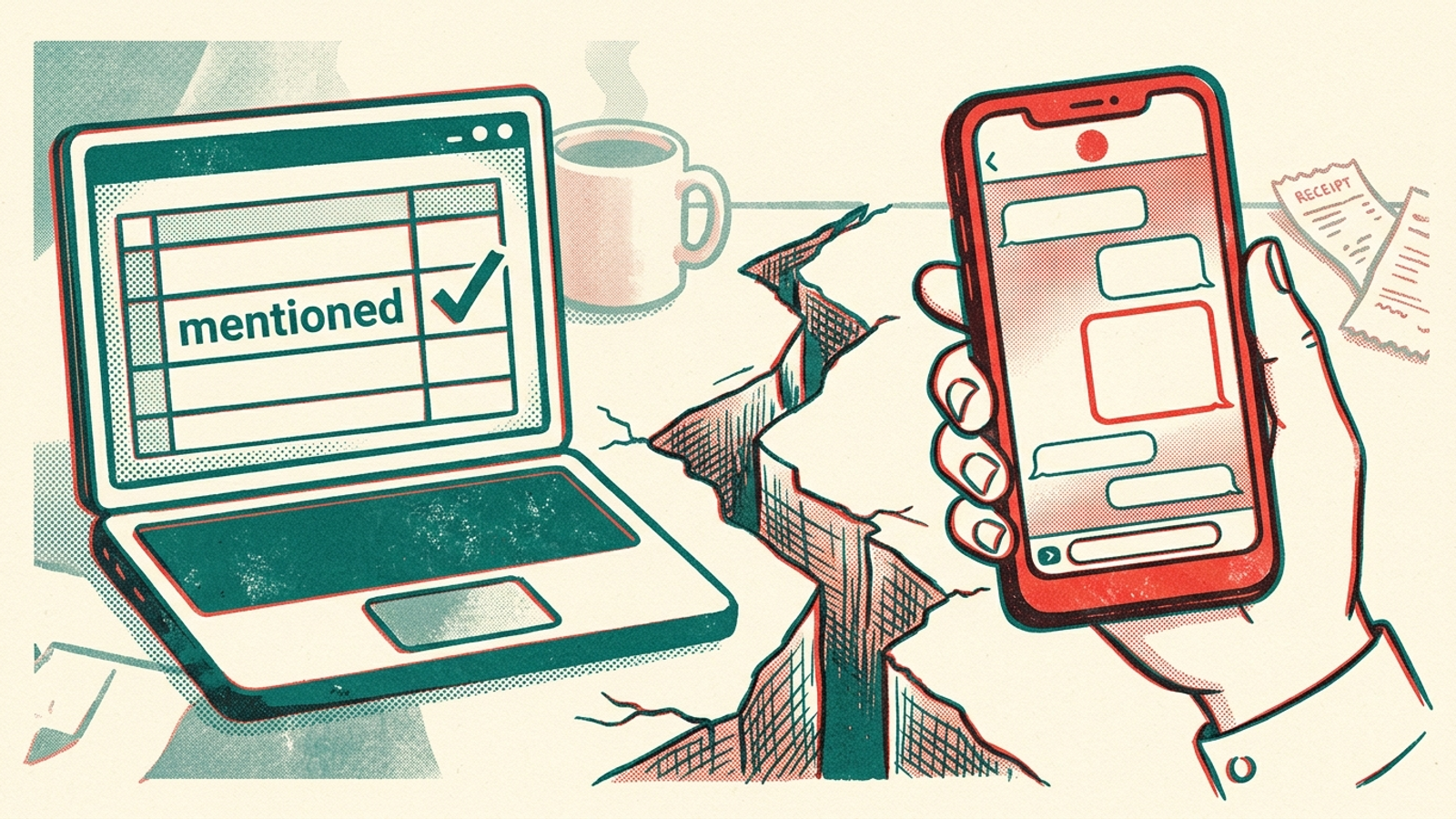 Split illustration showing an API log marked mentioned while a phone app shows missing