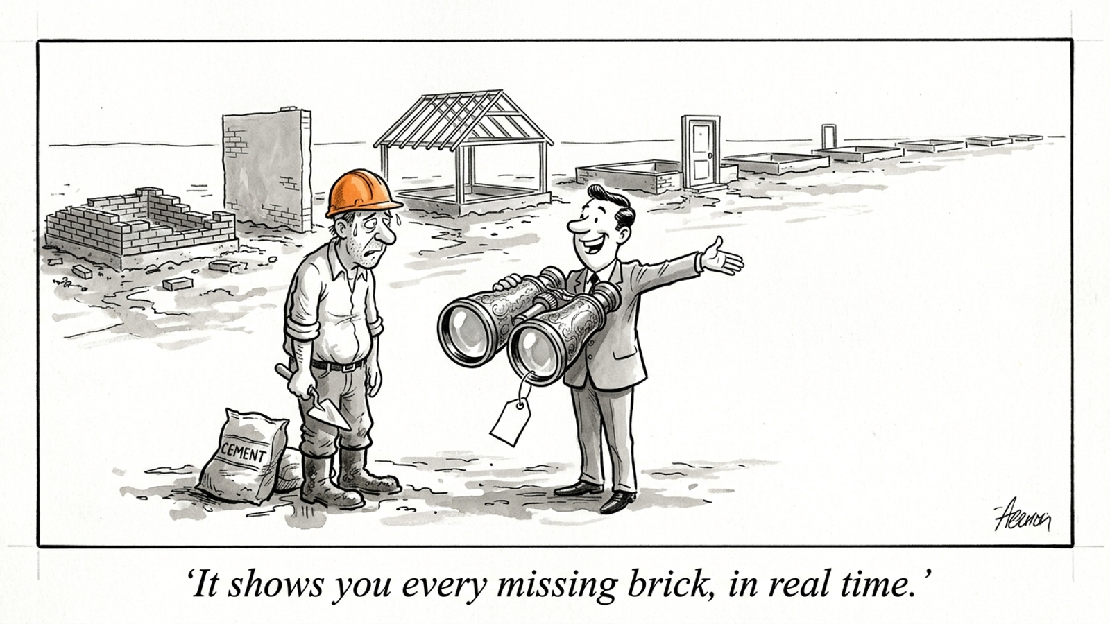Cartoon of a salesman handing a weary builder giant binoculars beside ten half-built houses, mocking tools that watch work instead of doing it.