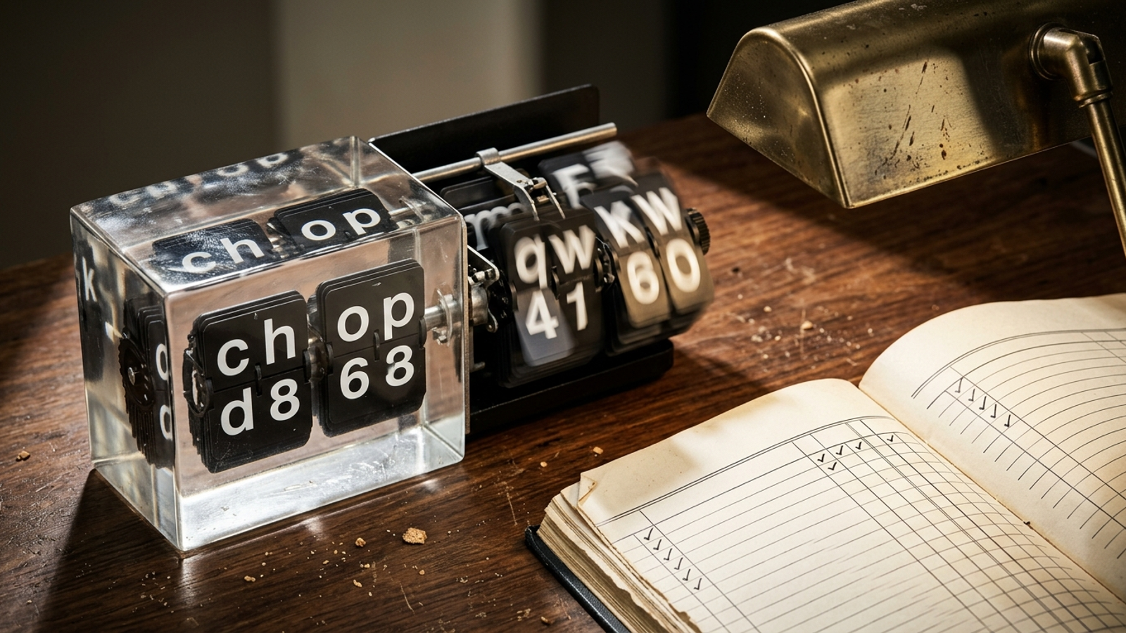 A split-flap display with one half fixed and the other changing beside a logging ledger.