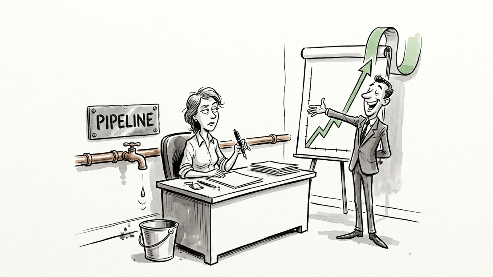 Cartoon: a vendor shows a founder a soaring chart while the 'PIPELINE' pipe behind her drips a single drop into an empty bucket.
