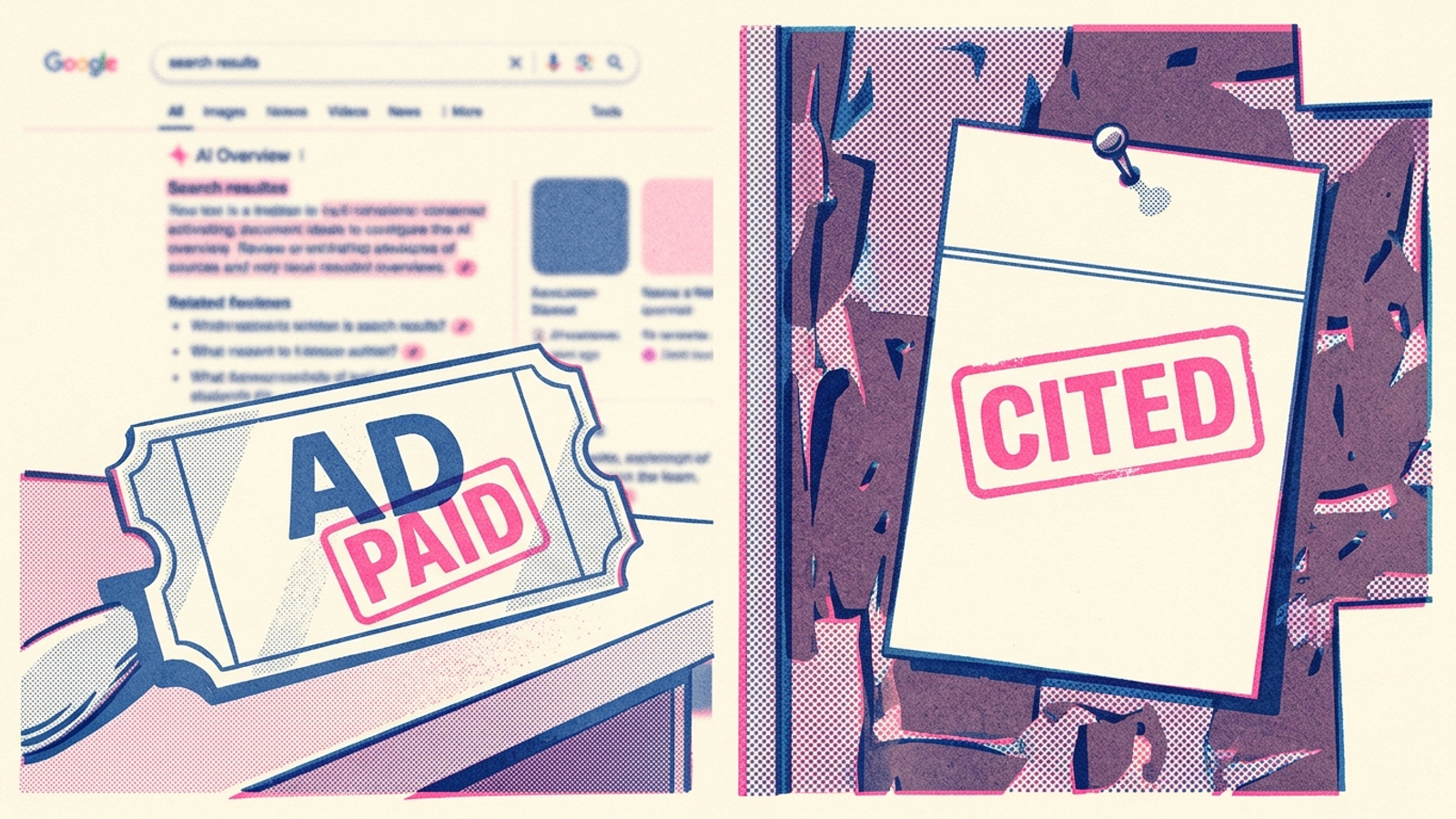 Paid ad placement beside an earned source citation in an AI answer