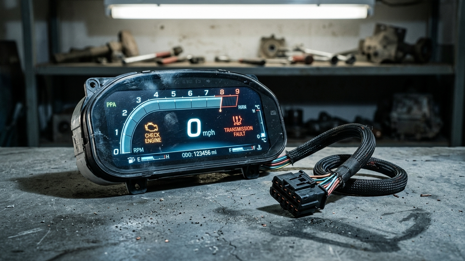 A glowing speedometer on a workbench, disconnected from any vehicle.