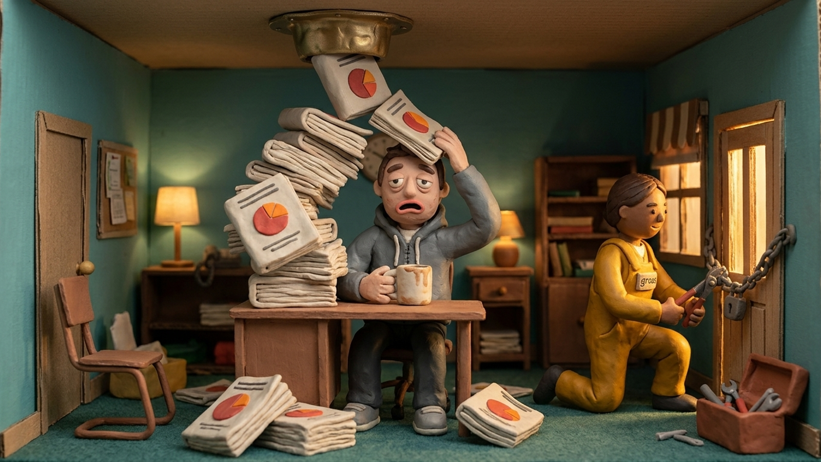 Clay animation scene: a developer buried under a falling pile of audit reports while a worker calmly cuts the chain off a locked shop door, actually fixing the problem.