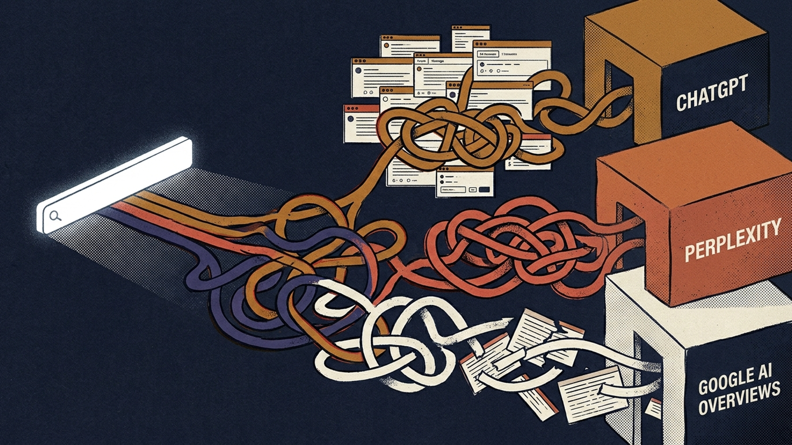 A search query splits into several different source pathways.