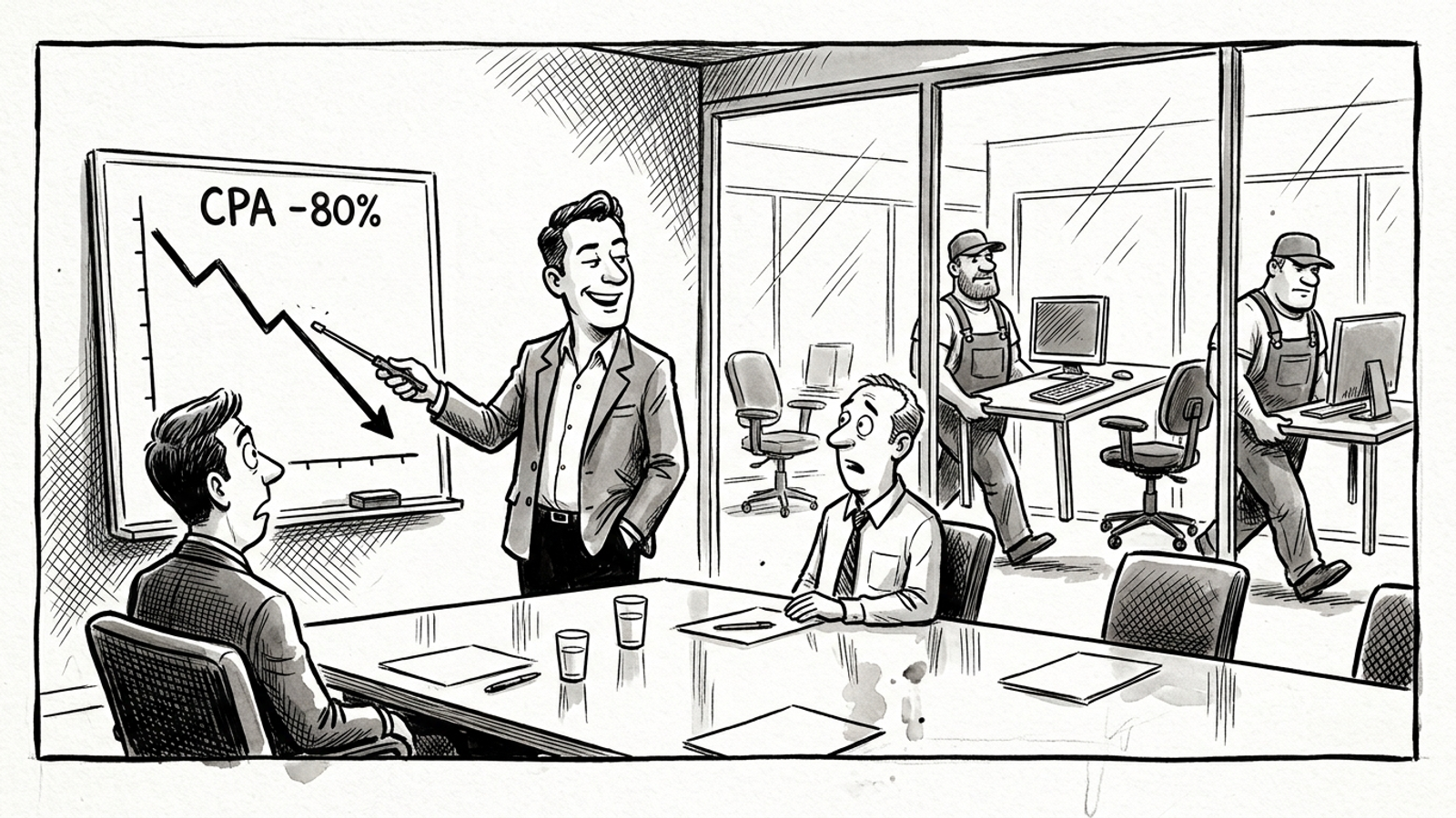 Pen-and-ink cartoon of an agency manager celebrating a CPA drop while movers empty the client’s office.