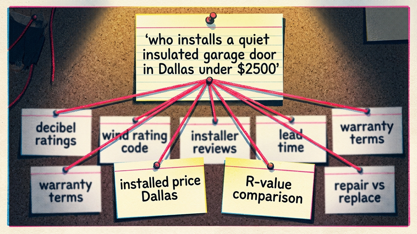 One buyer question card branching into eight search-query cards on a corkboard