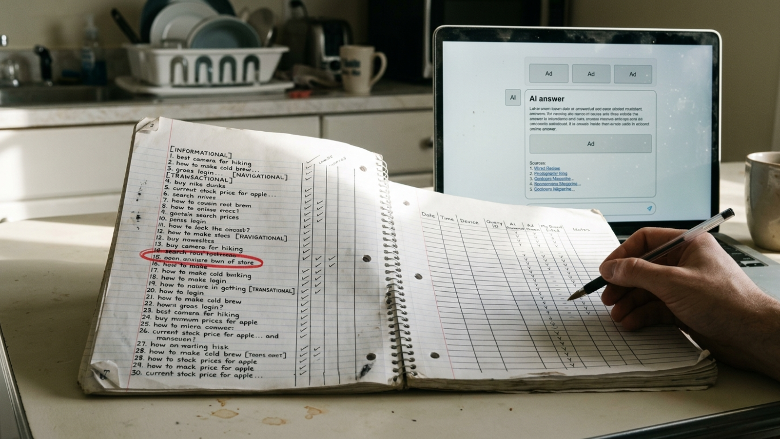 Lab notebook with a fixed query list beside a laptop displaying an AI answer with ads and citations
