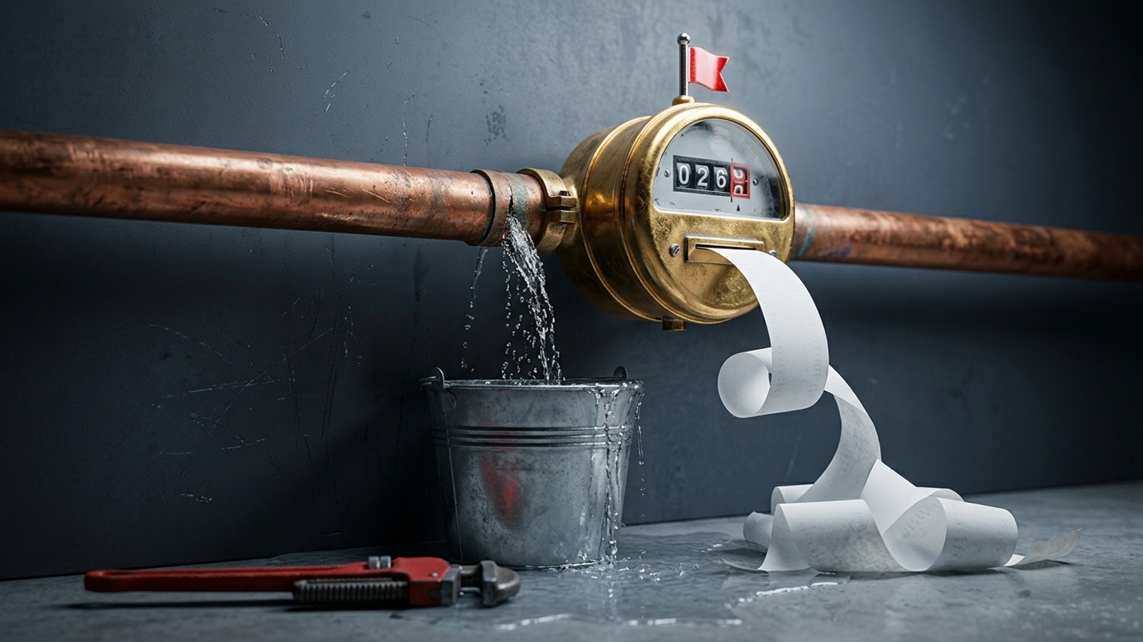 A shiny brass meter clamped onto a leaking pipe counts the drips and prints a long receipt while the bucket overflows and a red wrench lies unused.