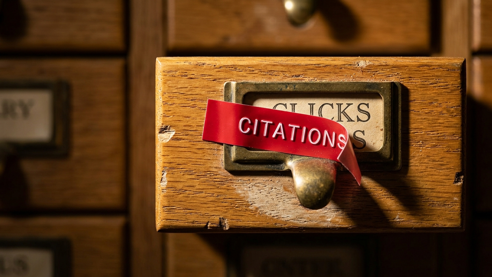 A library drawer labelled "CLICKS" with red label tape reading "CITATIONS" stuck over it, peeling up: old ad metrics relabelled for AI.