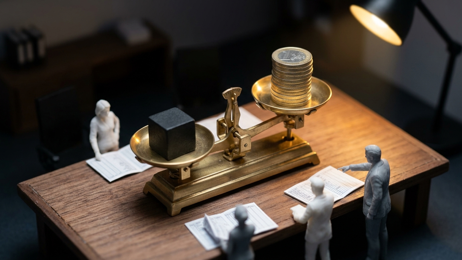 Agency office balance scale weighing platform costs against retainer margins.