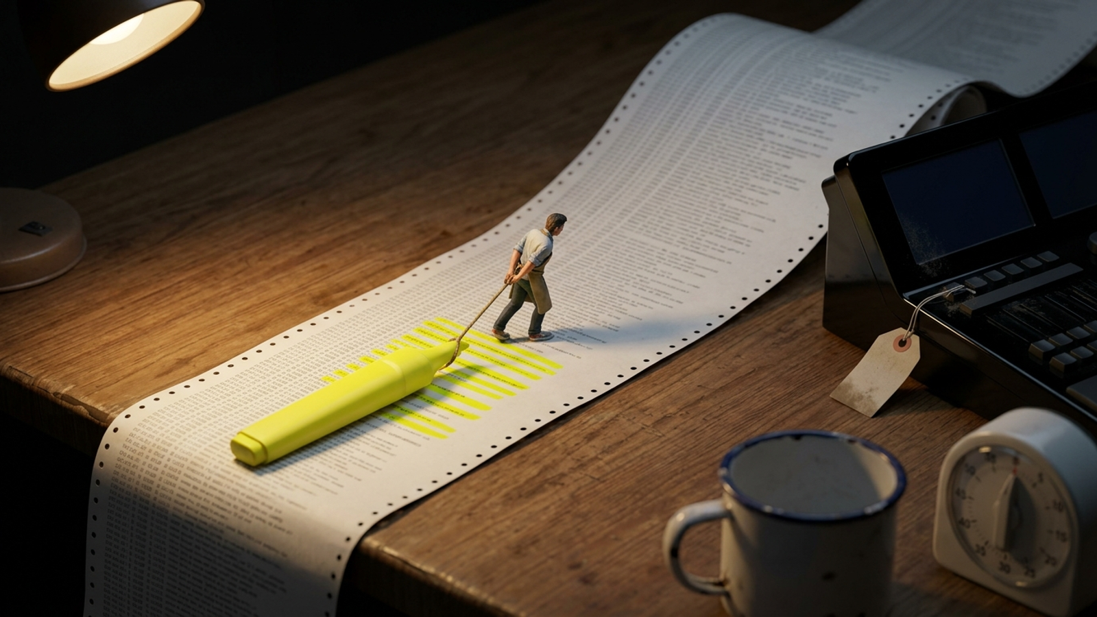 A tiny figure drags a giant highlighter along a road of printed server logs, marking a few lines yellow while an expensive dashboard sits ignored.