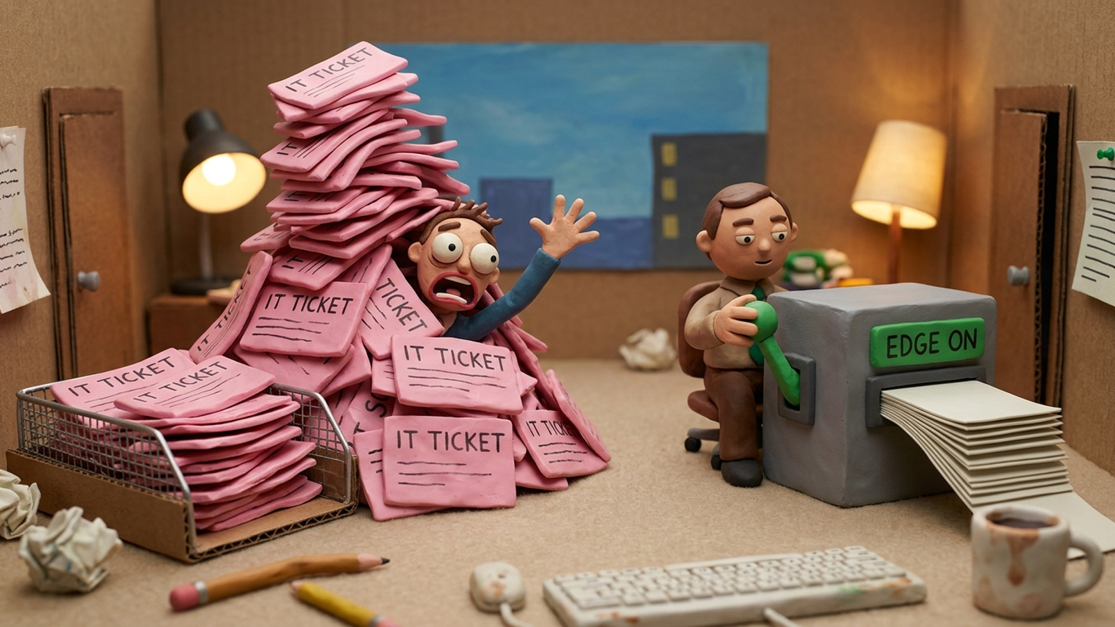 Claymation IT ticket queue burying an SEO worker while an edge switch ships fixes