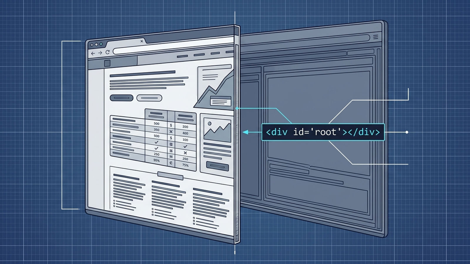 Cutaway of a webpage showing visible content beside the empty HTML shell a crawler might receive.
