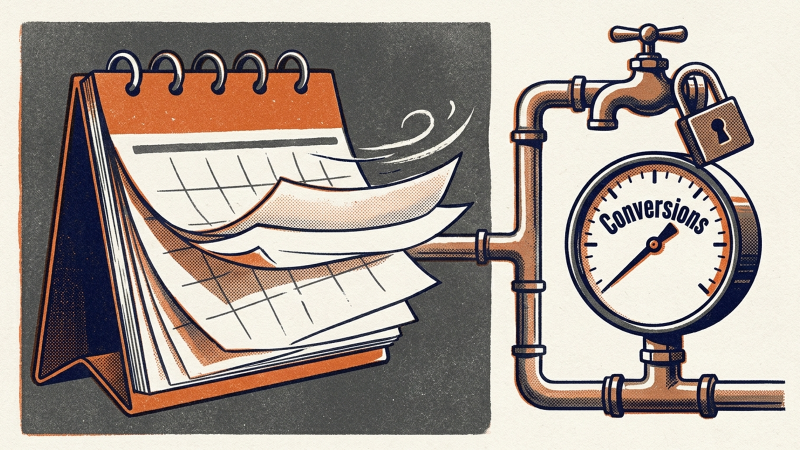 A flip calendar sheds pages beside a gauge showing zero monthly conversions.