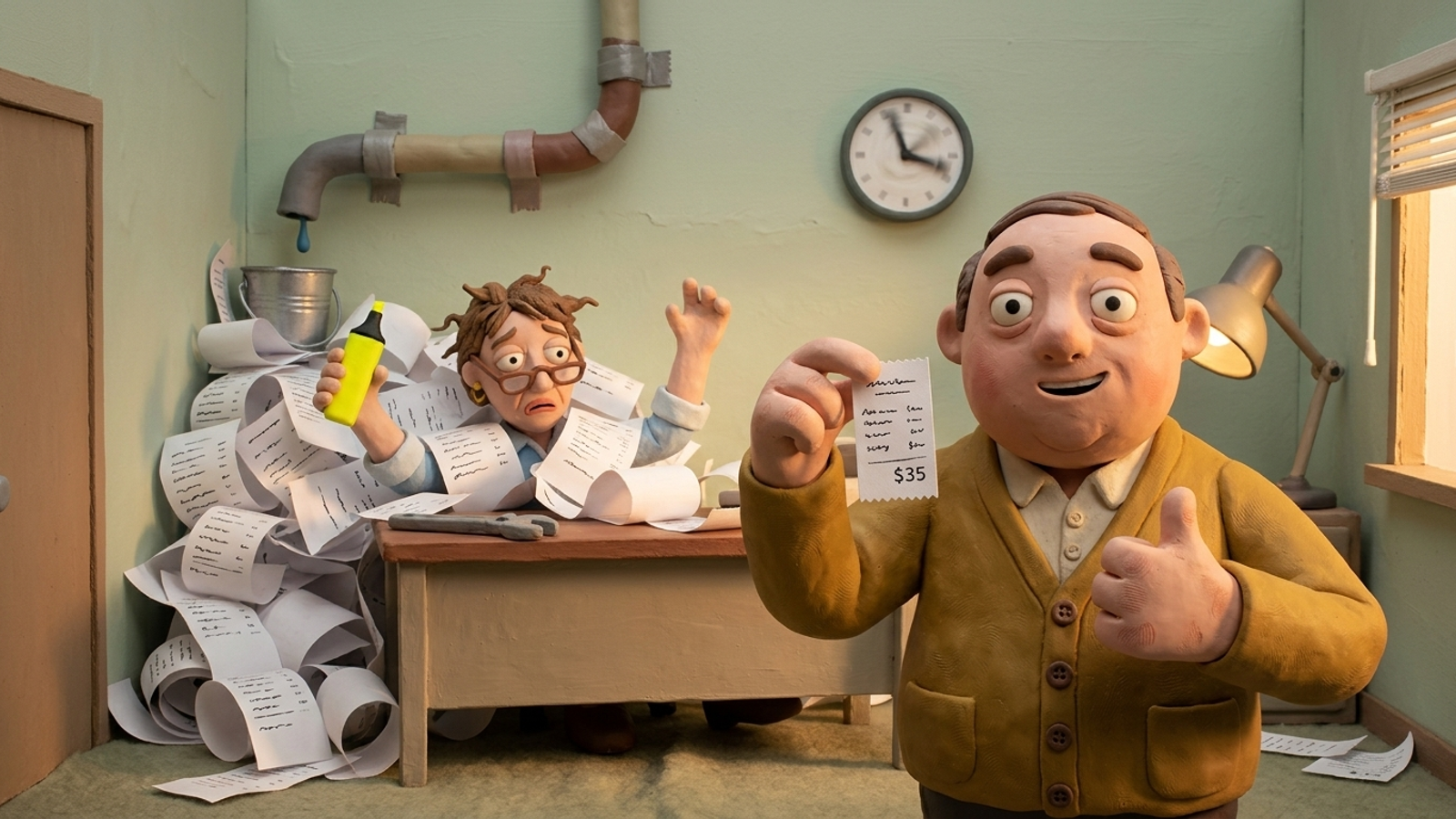 Clay figure proudly shows a tiny "$35" receipt while a colleague behind him drowns in printouts under a leaking pipe: the cheap bill hides the real work.