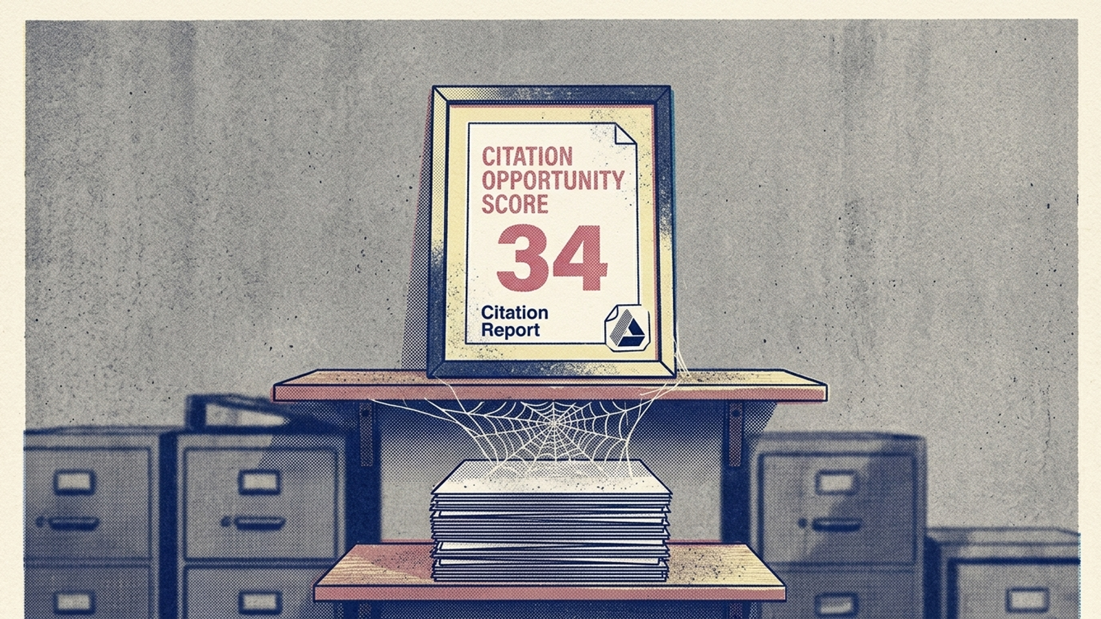 Framed agency report with a red score of 34, gathering dust on a shelf