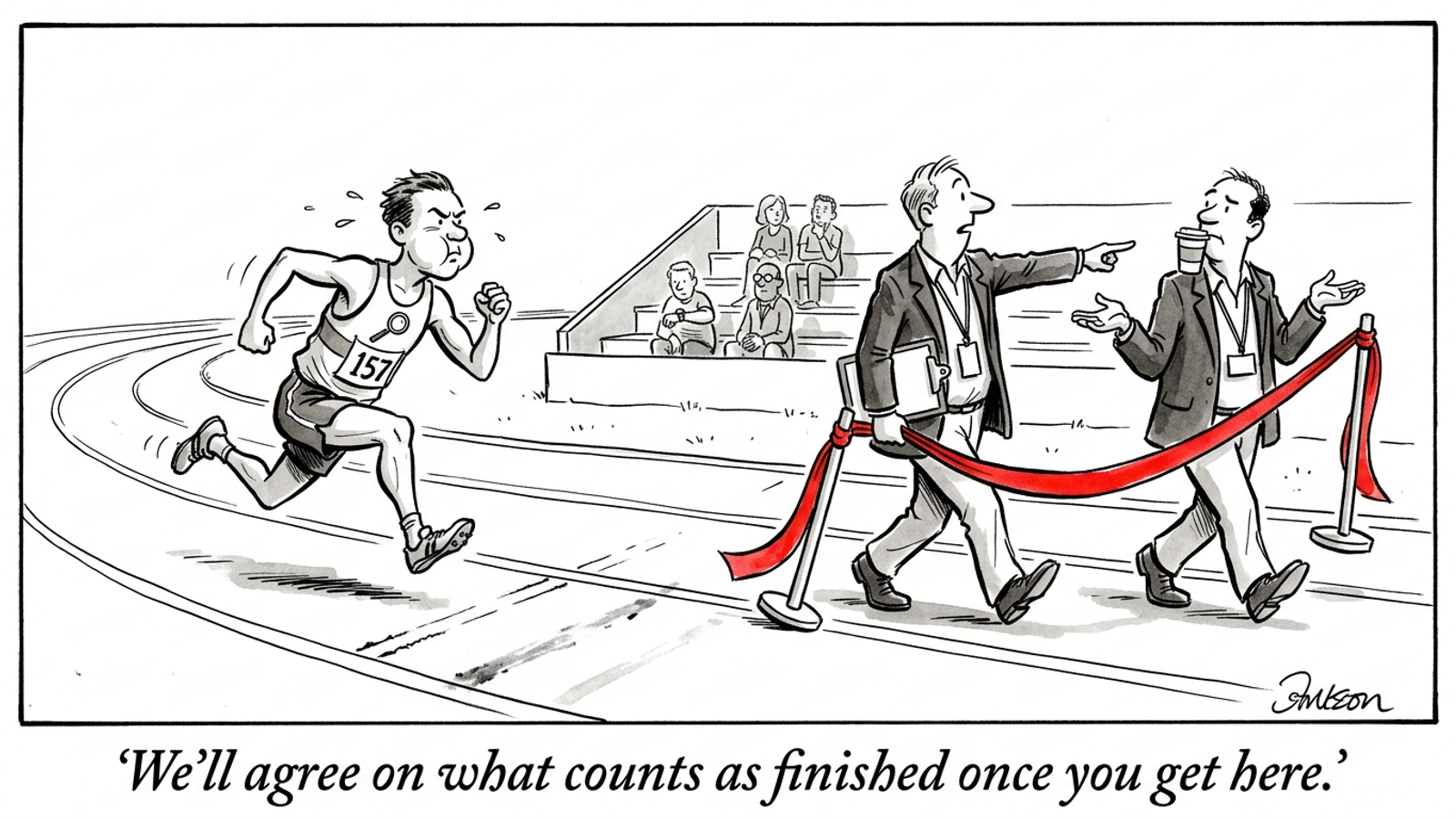 Cartoon of a runner sprinting to a finish line while two officials carry the tape further away, mocking undefined targets in pipeline-based agency pay.