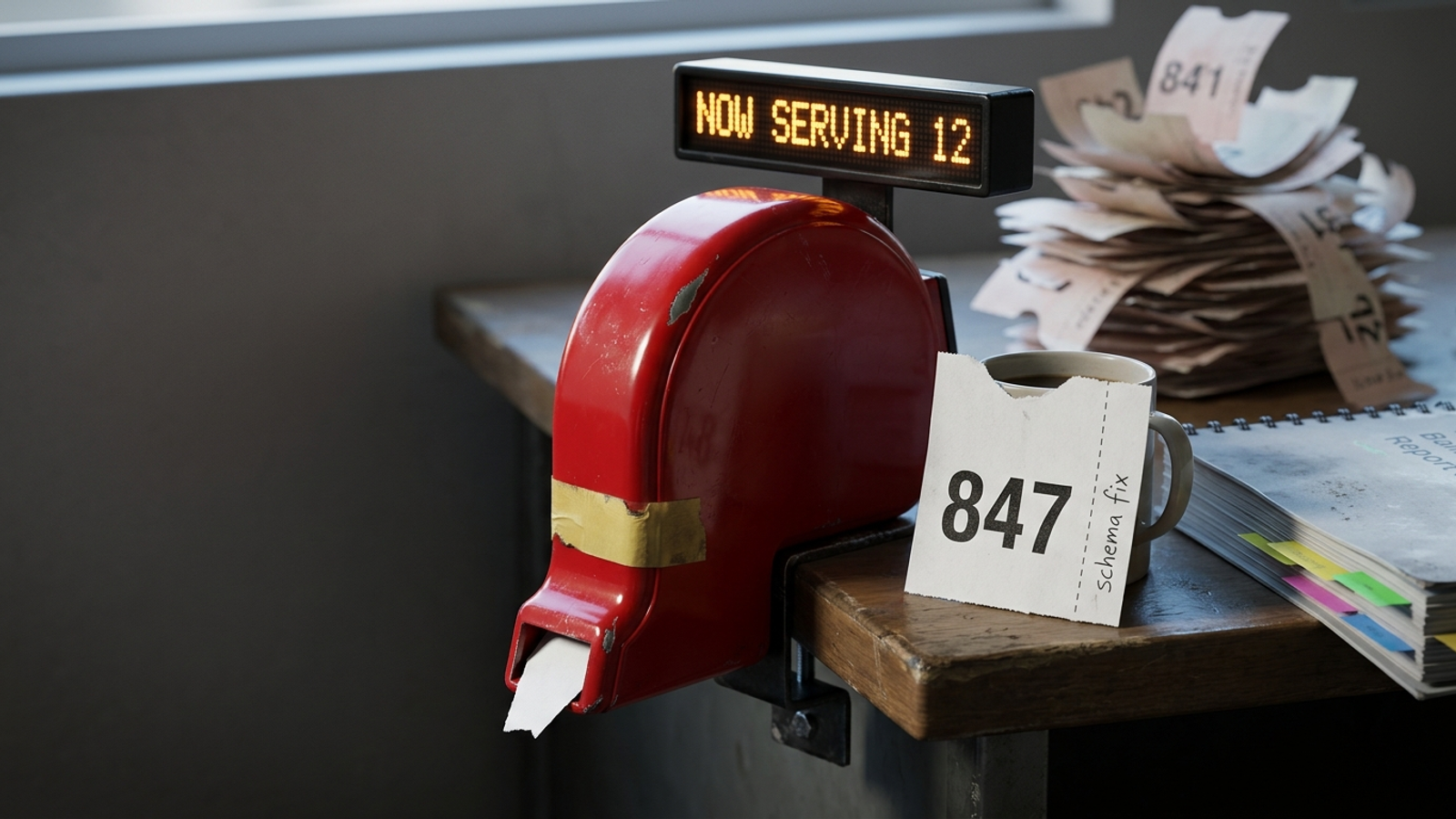 A deli take-a-number display reads 'Now serving 12' while a ticket marked 847 for a schema fix waits beside it, stuck in someone else's queue.