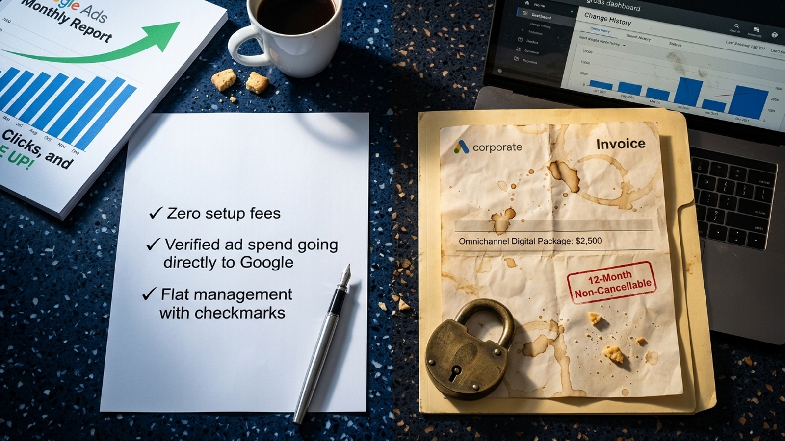 Studio image of a line-item spreadsheet beside a crumpled agency retainer invoice.