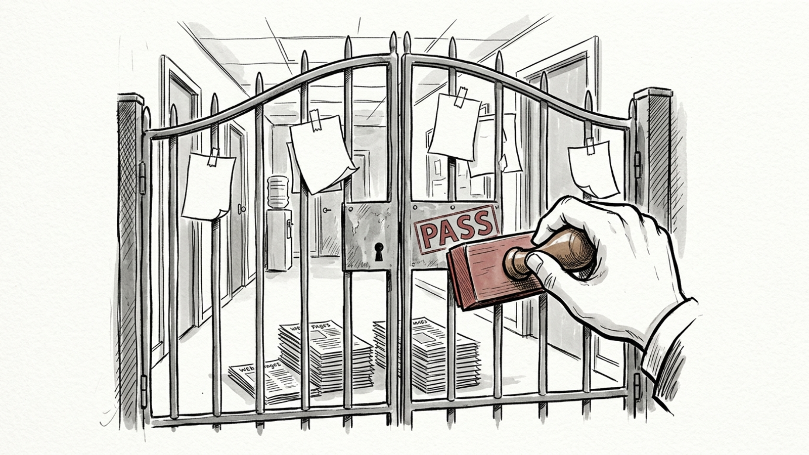 A robot hand stamping PASS on a website gate while ignoring the paragraphs behind it
