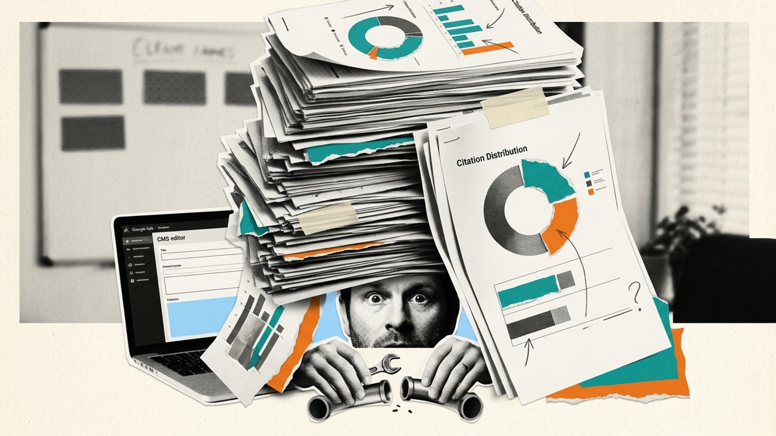 Stack of unread client reports burying a laptop