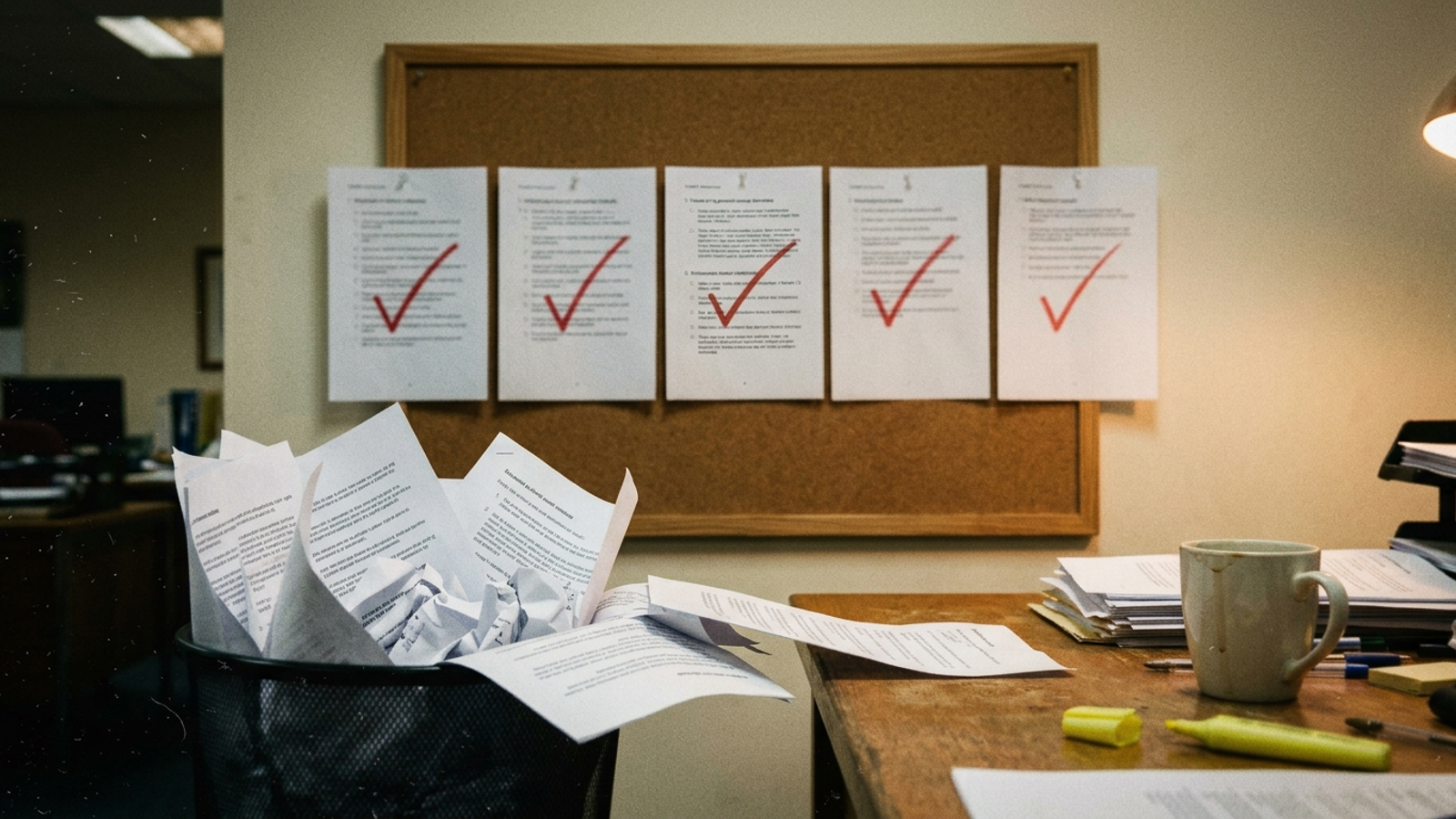 Audit pages in a bin, with five flagged pages pinned to a wall
