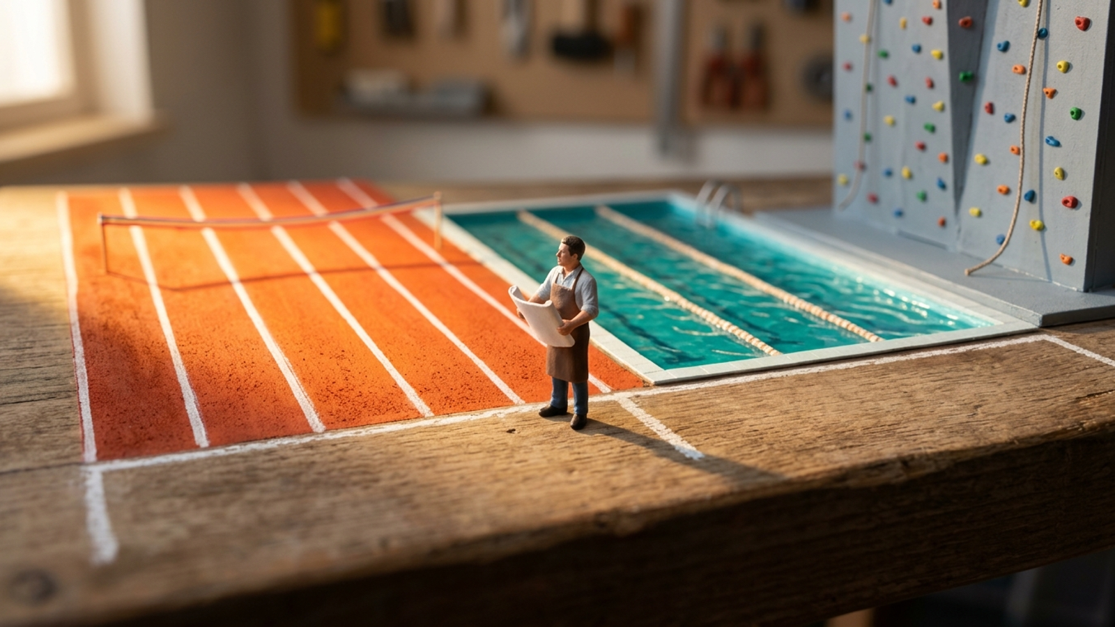 A tiny figure holding one rolled page stands on a start line facing three different arenas, a track, a pool and a climbing wall, with the track lit first.