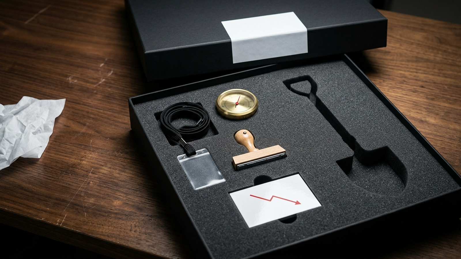 An open luxury welcome kit with a lanyard, a gauge stuck at zero and a blank logo stamp, but the big shovel-shaped slot for the actual work tool is empty.