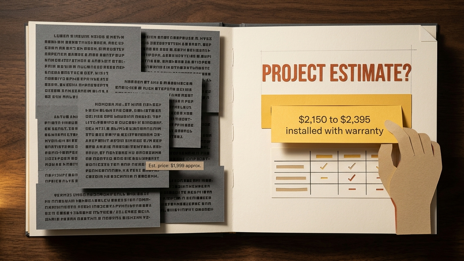 Two page layouts contrasting buried pricing with a clear answer block and price table