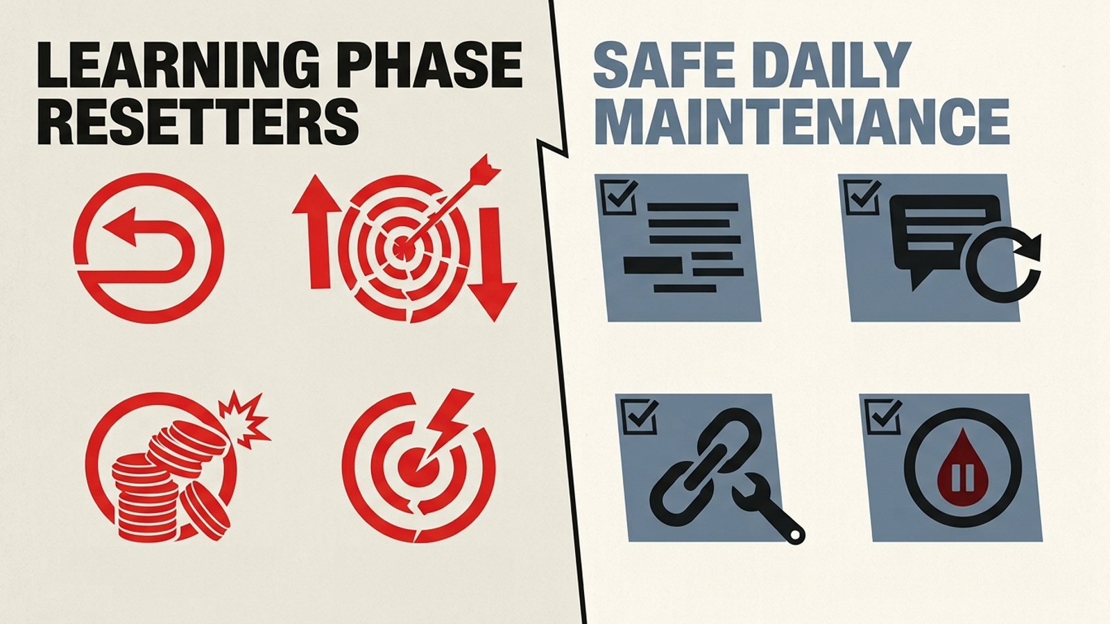 Split-screen graphic contrasting changes that can reset learning with routine account maintenance.