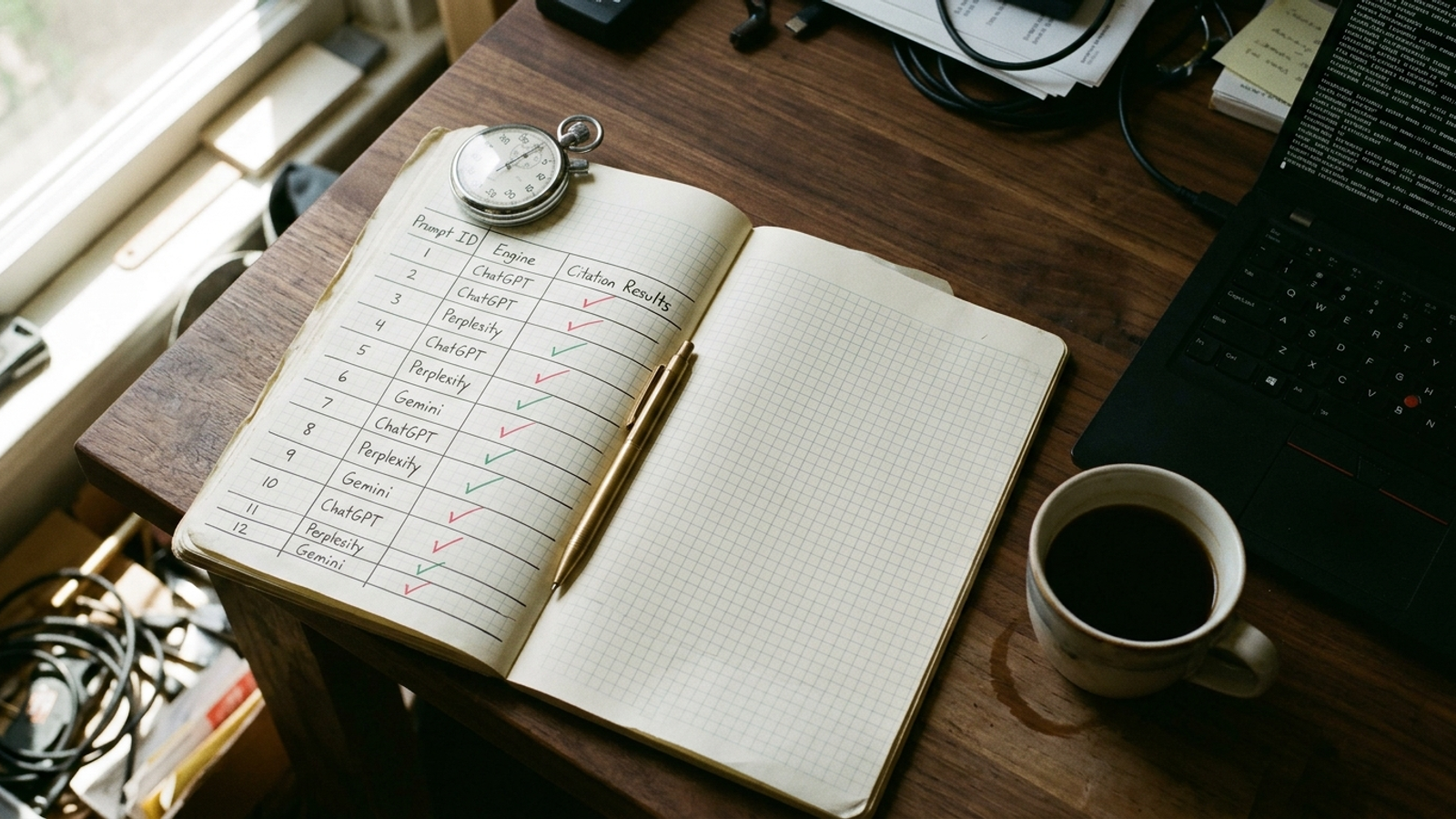 Overhead view of a testing ledger with handwritten prompt logs, a stopwatch, pens and laptop screens.