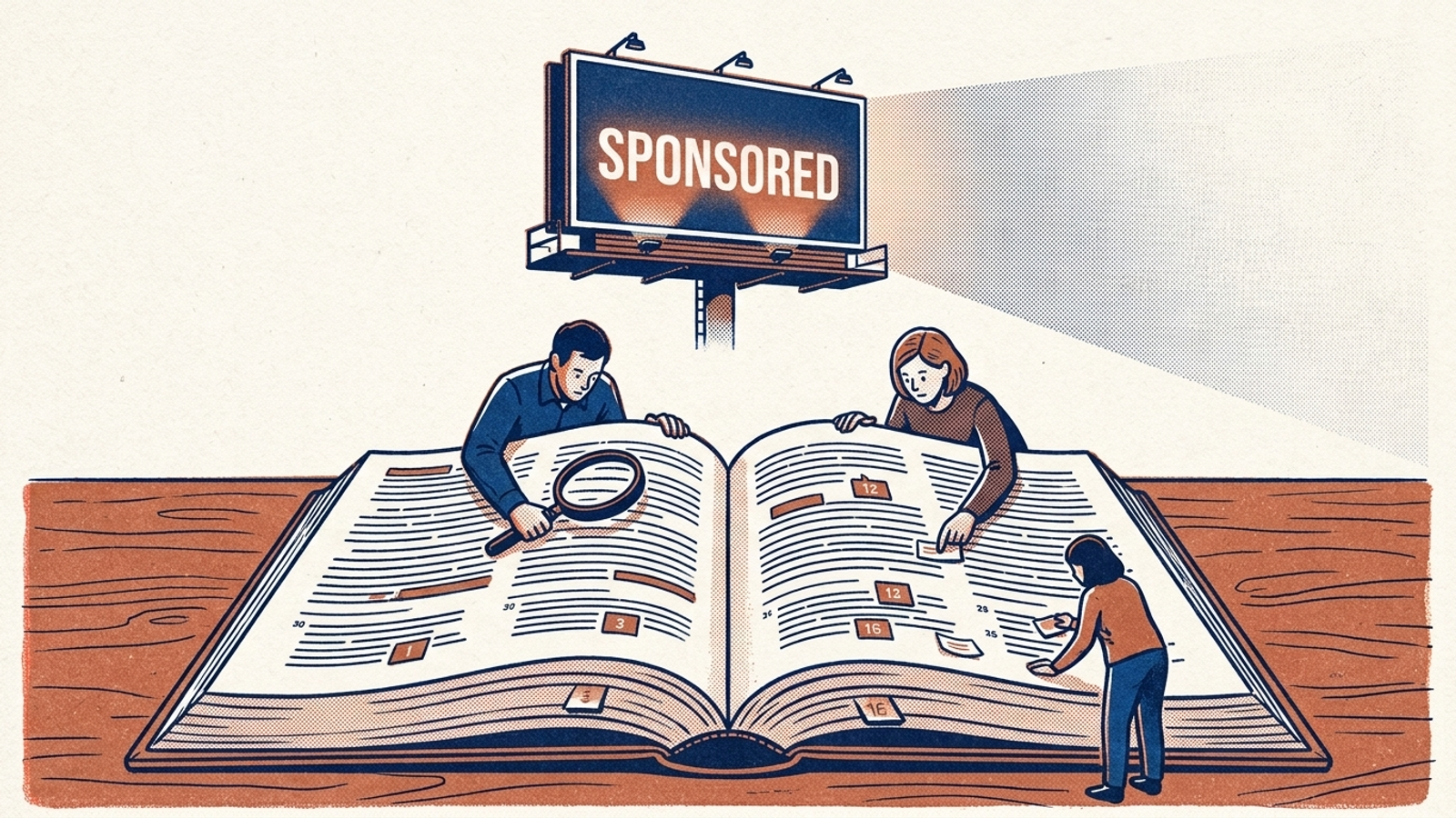 Illustration of a billboard above an open reference book as readers focus on the cited text below.
