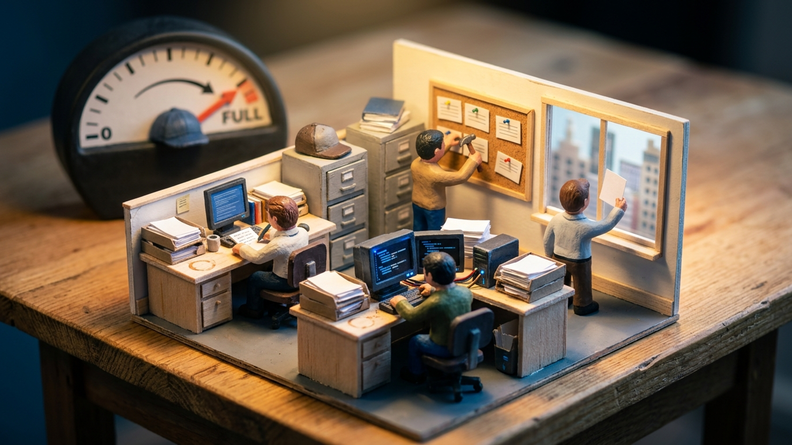 Miniature agency office where workers fix pages while a dashboard gauge stays capped