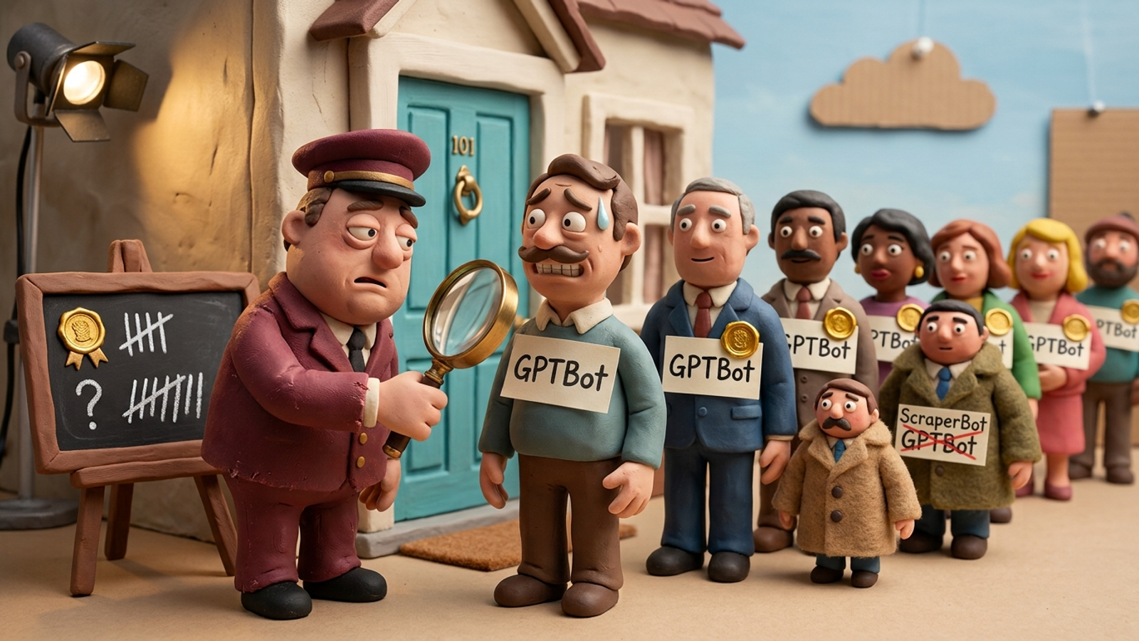 Clay doorman inspects a queue all wearing 'GPTBot' name tags; only three have official seals, the rest are scrawled fakes in clumsy disguises.