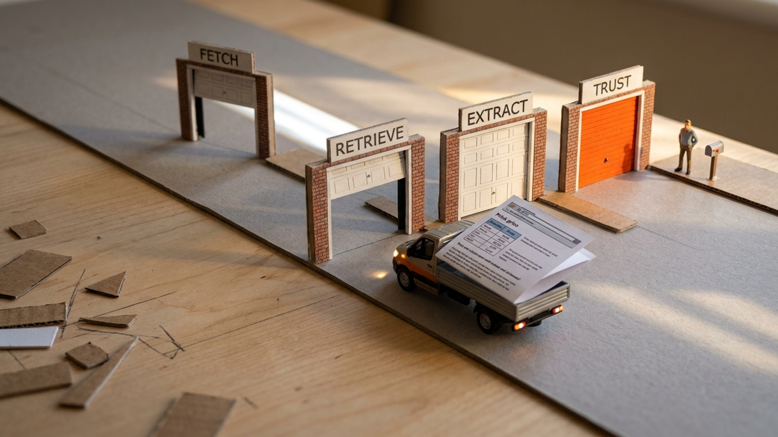 A tiny paper web page on a toy truck passes three open model garage doors but halts at a fourth, shut orange door: one failed gate blocks the citation.