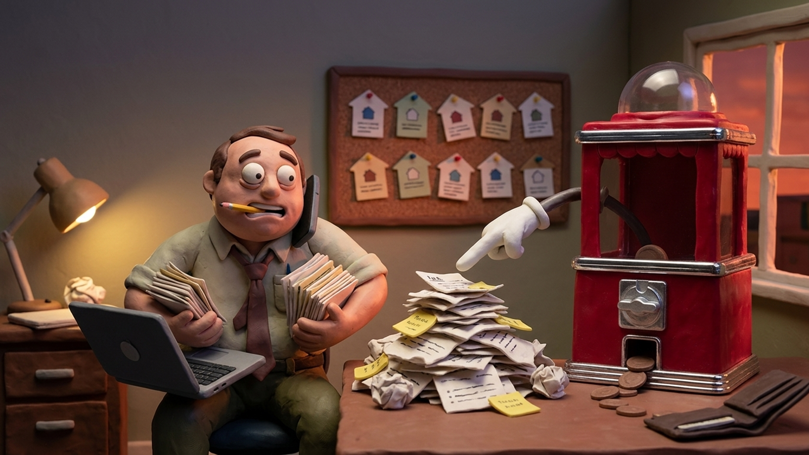Clay figure of an agency owner buried in task cards while a coin-gobbling red machine eats his money and only points at more work for him to do.
