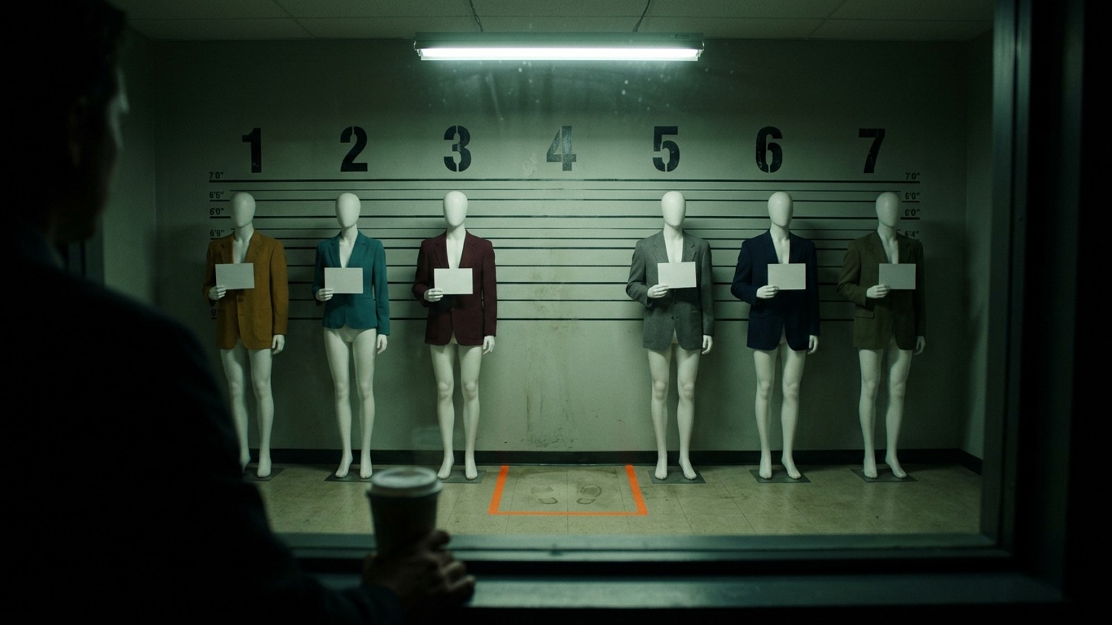 A police lineup of identical mannequins with the centre spot empty, as an unseen buyer picks from the rest: your brand missing from AI's shortlist.