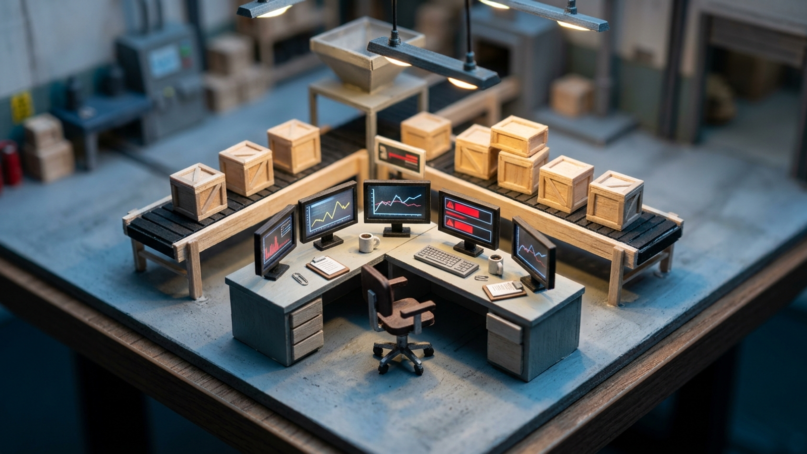 A miniature control room with warning graphs on its screens and an idle conveyor belt.