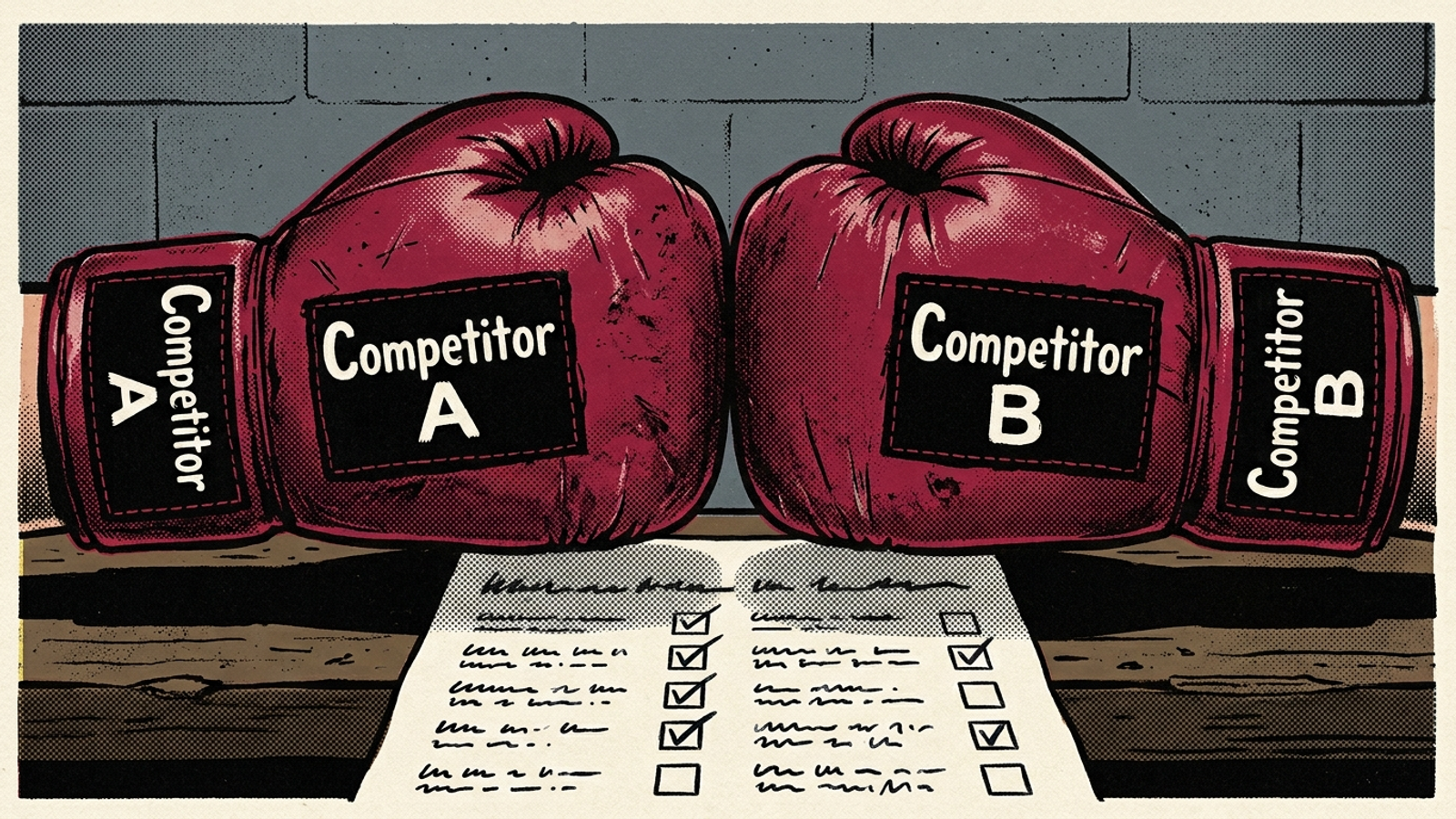 Boxing gloves bearing rival brand names above a buyer checklist