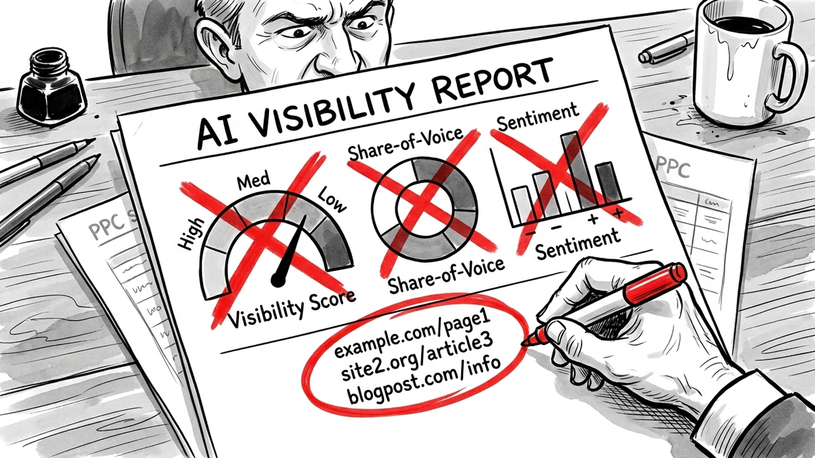 Ink cartoon of a marketer circling cited sources and crossing out report gauges