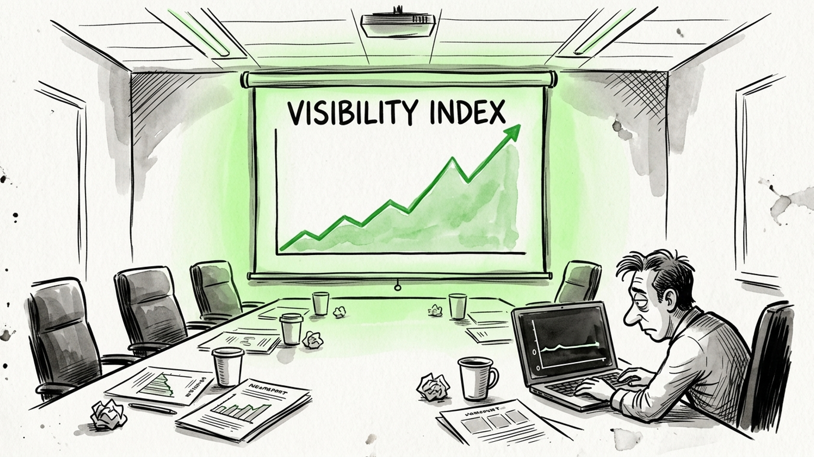 A vendor-style slide with a rising Visibility Index and flat citations