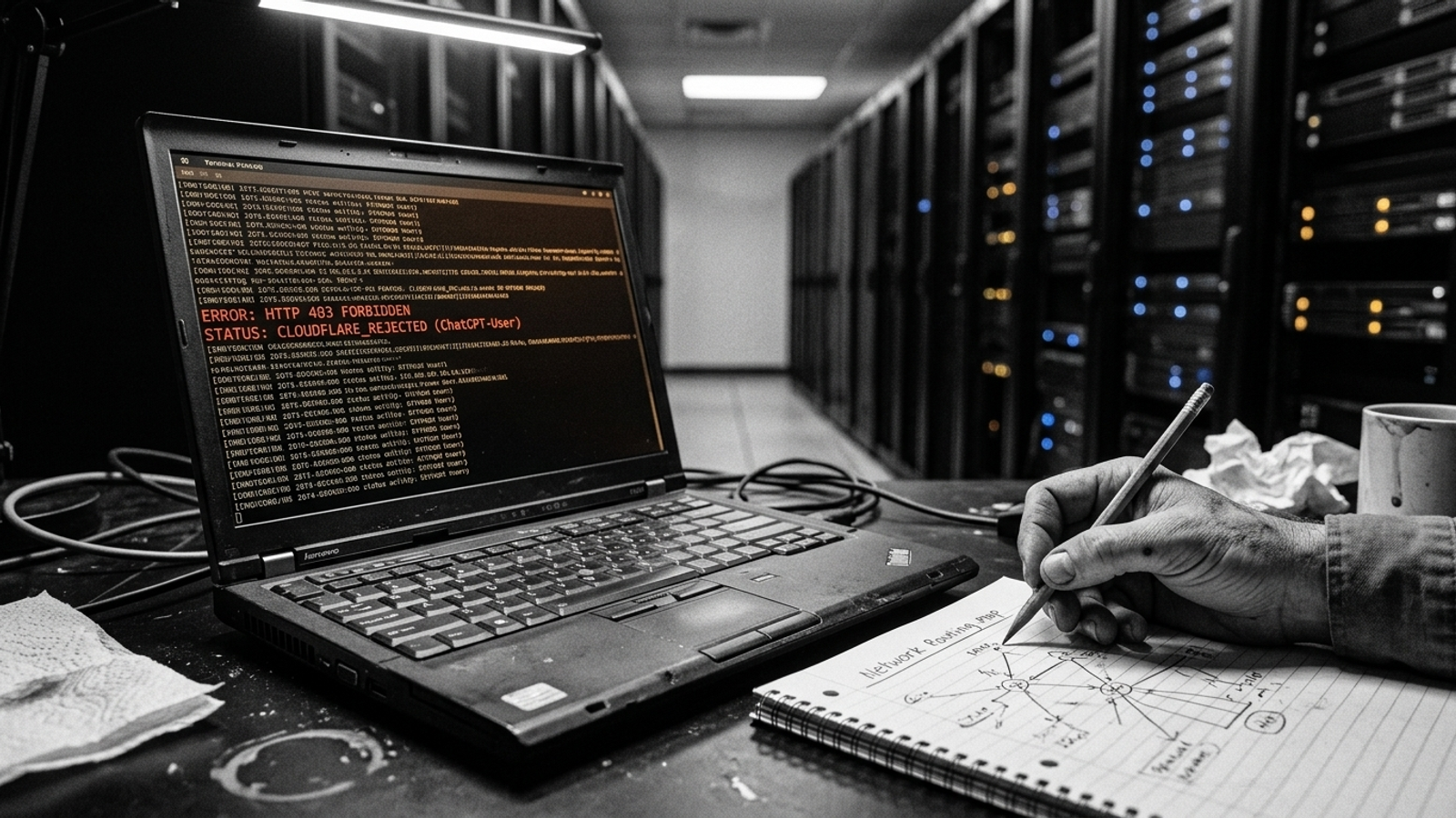 Network engineer examining edge-log errors beside a server rack.