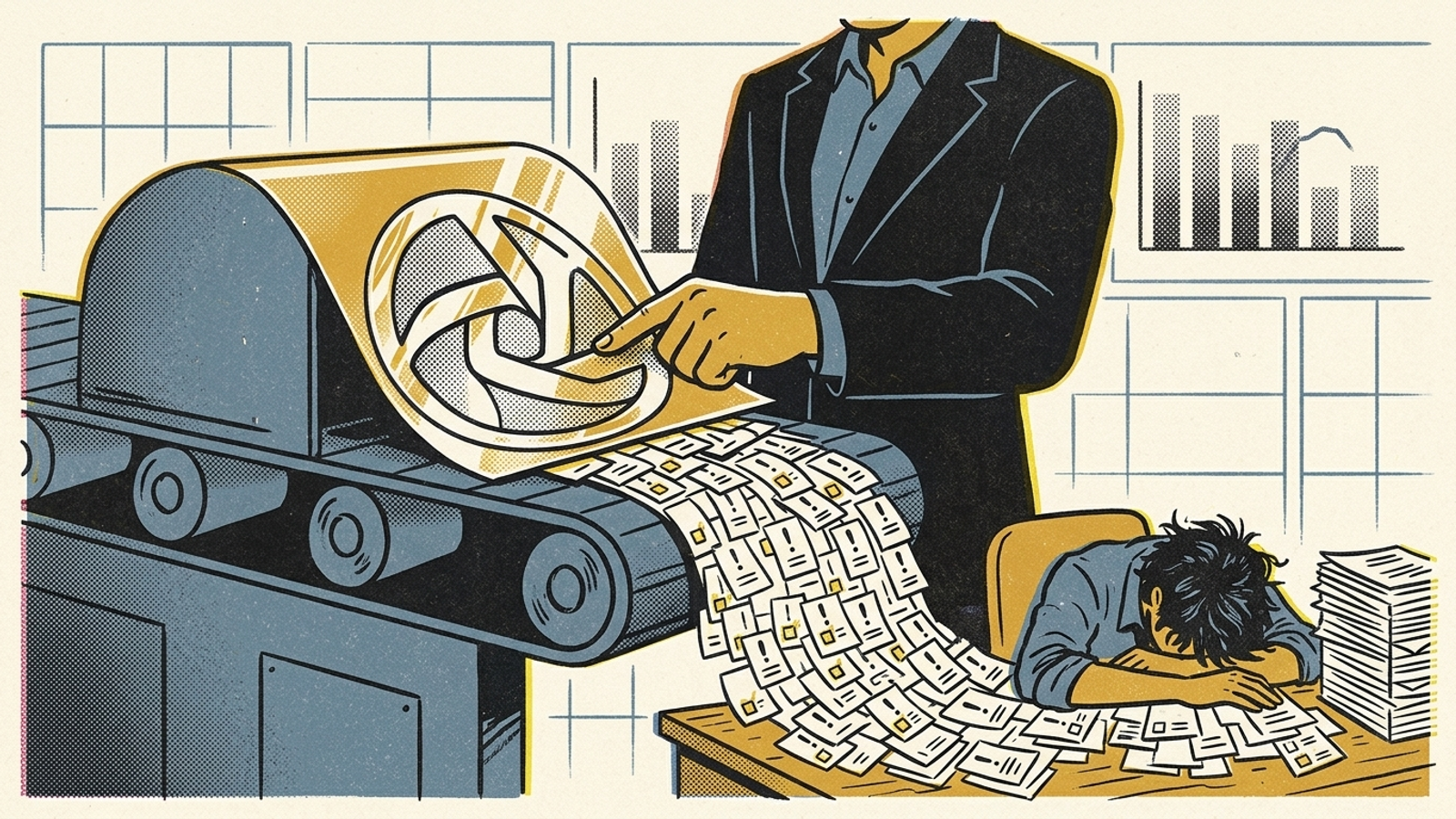 An executive puts an agency logo on a conveyor belt that dumps task tickets onto an employee’s desk.